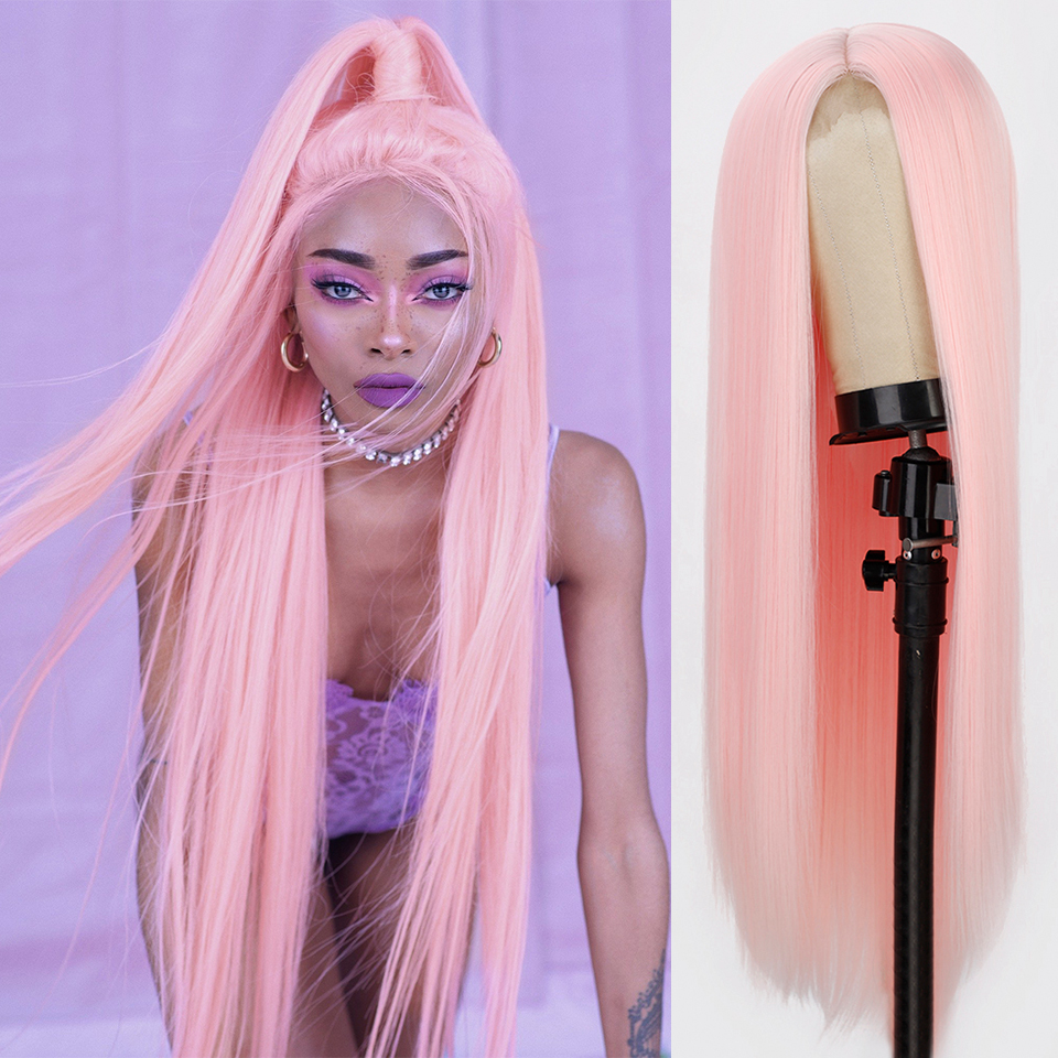 Stema Light Pink Human Hair Full Lace Wigs Silky Straight